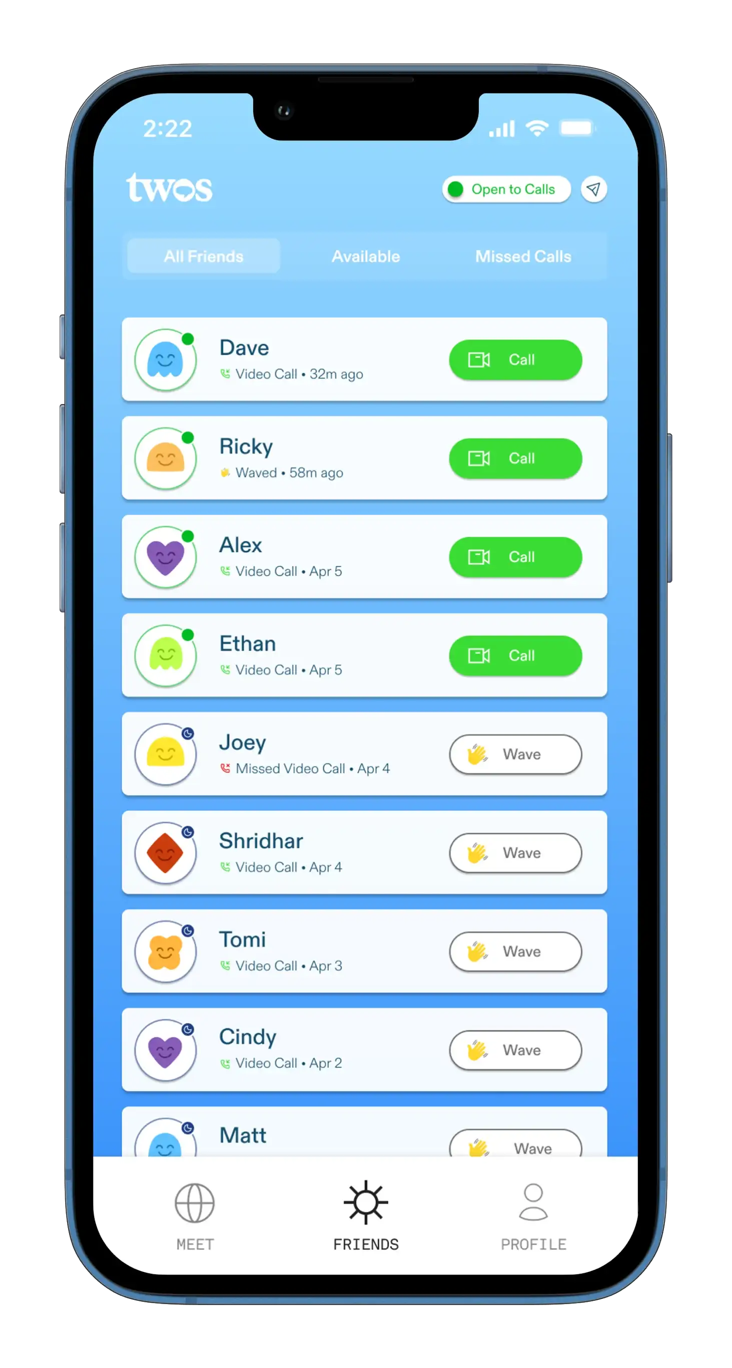 A Twos post-call screen showing a brief mood-reflection prompt and the option to mark the conversation as memorable.