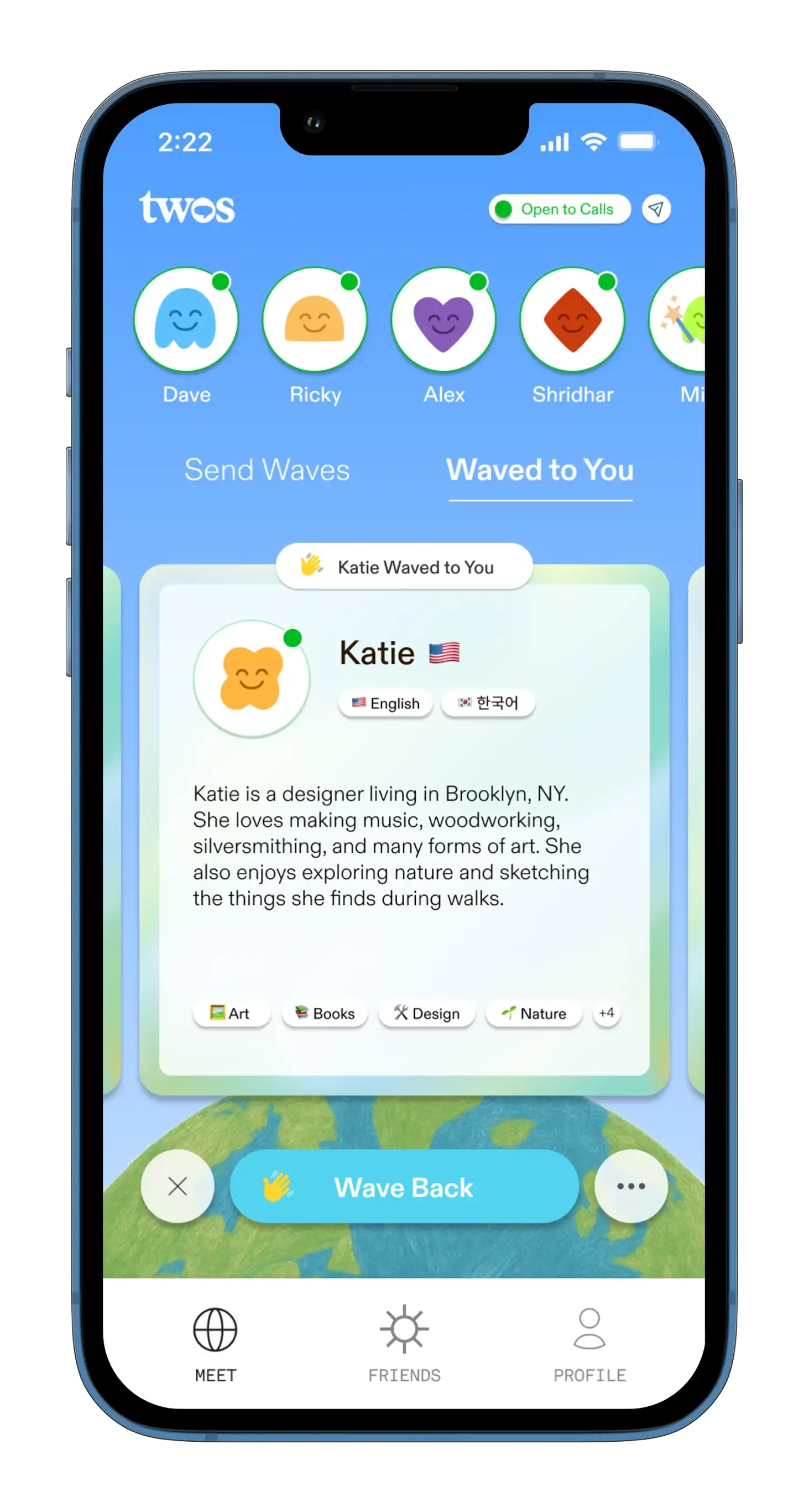 A Twos match screen showing a card with another verified user's name, location, and shared interests, with a 'Wave' button.