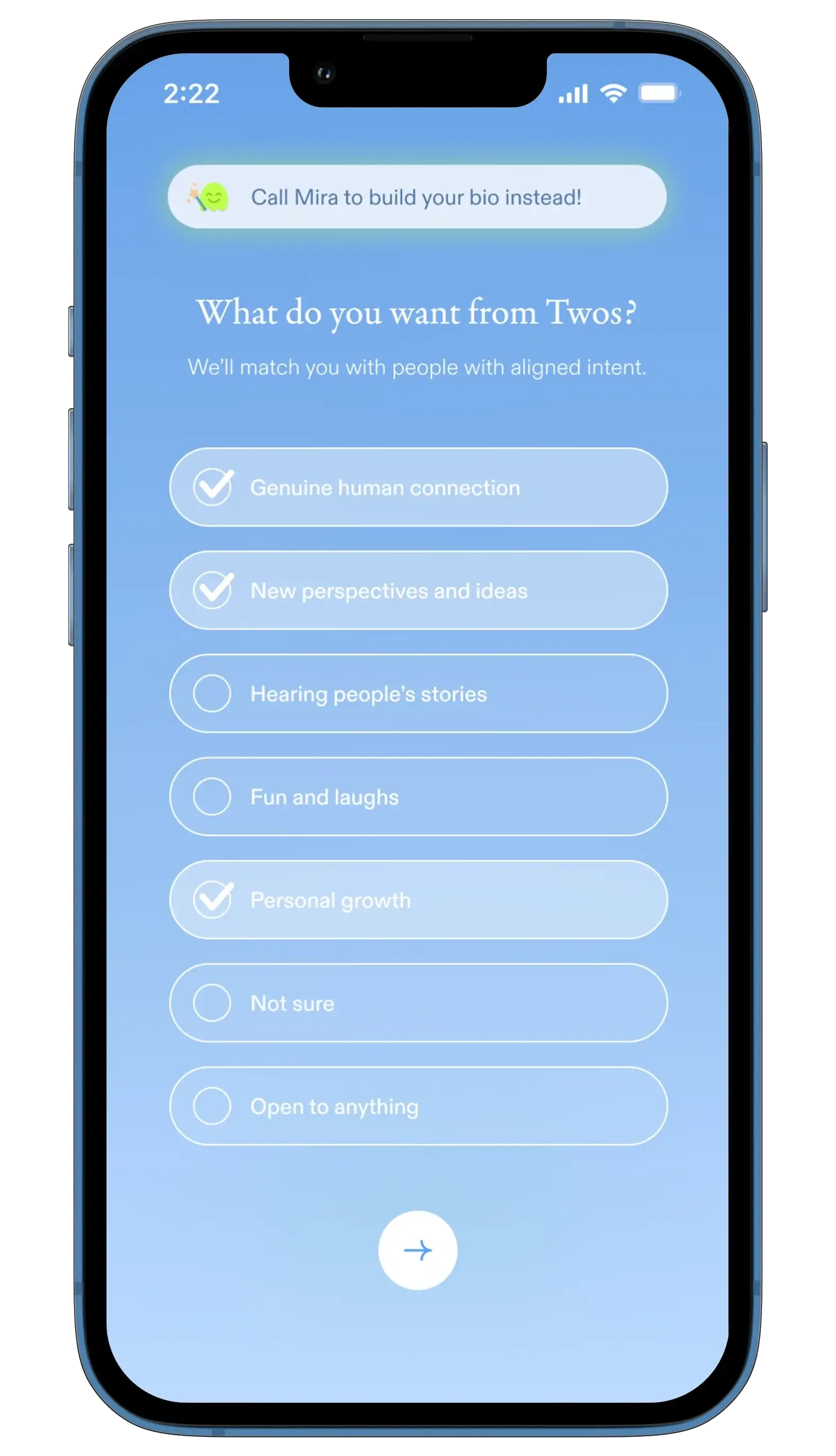 A Twos onboarding screen showing a short quiz with multiple-choice answers about what you're looking for.